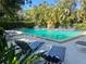 Beautiful community pool surrounded by lounge chairs and tropical trees at 1697 Brookhouse Cir # 116, Sarasota, FL 34231