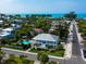 Stunning aerial view showcasing a home with a pool, lush landscaping, and the ocean in the distance at 217 Spring Ave, Anna Maria, FL 34216