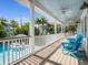 Expansive balcony with blue chairs, ceiling fans, and scenic views of the lush surroundings at 217 Spring Ave, Anna Maria, FL 34216