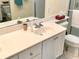 Neutral bathroom with a white single sink vanity with storage, a large mirror and toilet at 7649 Quinto Dr, Sarasota, FL 34238