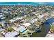 Aerial shot of waterfront neighborhood, showcasing homes with boat docks along winding canals at 5073 Higel Ave, Sarasota, FL 34242
