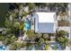 Drone view of a well-maintained residence with a private pool, deck, and stylish modern metal roof amid lush vegetation at 527 Magnolia Ave, Anna Maria, FL 34216