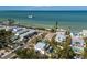 Overhead view of beachfront community featuring stylish homes, serene waterfront, and convenient street parking at 527 Magnolia Ave, Anna Maria, FL 34216