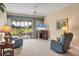 Cozy living room featuring plush seating, a mounted TV, and serene view, ideal for relaxation and entertainment at 6314 Stone River Rd # 6314, Bradenton, FL 34203