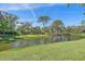 Scenic backyard view showcasing a tranquil pond surrounded by lush greenery at 7312 Eleanor Cir, Sarasota, FL 34243