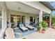 Covered patio with comfortable seating, overlooking the backyard and nearby pool at 7601 226 E St, Bradenton, FL 34211