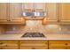 Close up on a gas cooktop and range hood, with decorative tiling at 12211 Lavender Loop, Bradenton, FL 34212