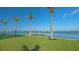 Beautiful backyard with green grass and palm trees at 1300 Tangier Way, Sarasota, FL 34239