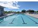 Large lap pool with clear blue water featuring lane markers, surrounded by lounge chairs at 513 Woodstork Cir, Bradenton, FL 34209