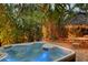 Backyard hot tub at night with illuminated landscaping and a tiki hut at 1631 Loma Linda St, Sarasota, FL 34239