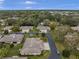 A peaceful residential neighborhood is revealed in this aerial view, showcasing tree-lined streets at 3502 Wilkinson Woods Dr # 7, Sarasota, FL 34231