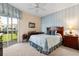 Bright bedroom features blue accents and balcony access at 9630 Club South Cir # 6208, Sarasota, FL 34238