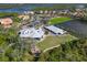 An aerial view showcasing the clubhouse amenities, including manicured greens and parking at 10509 Winding Stream Way, Bradenton, FL 34212