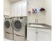 Laundry room with a modern washer, dryer, sink and white storage cabinets at 13630 Deep Blue Pl, Bradenton, FL 34211
