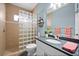 This bathroom features a glass block shower, a modern vanity, and stylish decor at 360 Capri Isles Ct, Punta Gorda, FL 33950