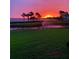 Sunset over water and pond with fountain and palm trees at 4734 Independence Dr # 4734, Bradenton, FL 34210