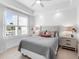 Inviting bedroom with a water view, ceiling fan and neutral colored furniture at 10520 Boardwalk Loop # 205, Lakewood Ranch, FL 34202