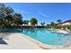 Inviting pool area with comfortable lounge seating, lush palms and serene water views at 1601 Pelican Point Dr # 212, Sarasota, FL 34231