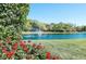 Picturesque pond view showcasing a fountain, surrounded by lush greenery and vibrant red flowers at 3116 Woodland Fern Dr, Parrish, FL 34219