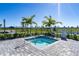Outdoor spa surrounded by palm trees, beautiful landscaping, and a black metal fence at 4813 Sparkling Sea Ln, Lakewood Ranch, FL 34211