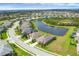 Wide aerial view of a neighborhood with a scenic pond, lush landscaping, and well-maintained homes under a blue sky at 815 Rosemary Cir, Bradenton, FL 34212