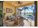 Covered patio features seating and views of the pool, lake and golf course at 15606 Leven Links Pl, Lakewood Ranch, FL 34202