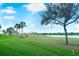 Scenic golf course view with lush green grass, palm trees, and a water hazard on a sunny day at 8403 Grand Estuary Trl # 103, Bradenton, FL 34212
