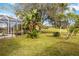 Expansive backyard features lush green grass, mature trees, and a screened-in pool enclosure at 10306 Palmbrooke Ter, Bradenton, FL 34202