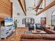 Inviting living room with vaulted ceilings, exposed wood beams, and comfortable seating arrangement at 7717 27Th W Ave, Bradenton, FL 34209