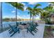 Relaxing outdoor area with a fire pit, comfortable seating, and a view of the lake at 10520 Boardwalk Loop # 504, Lakewood Ranch, FL 34202