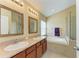 Elegant main bathroom featuring double sinks, wood cabinetry, a soaking tub, and a glass shower at 11411 Flora Springs Dr, Riverview, FL 33579