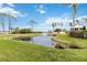 A fountain sits at the center of this on-property pond surrounded by lush green grass and landscaping at 14021 Bellagio Way # 309, Osprey, FL 34229