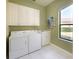 Functional laundry room equipped with a washer, dryer, sink, storage cabinets, and a bright window at 7141 Whitemarsh Cir, Lakewood Ranch, FL 34202