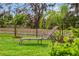 Landscaped backyard with chaise lounge, lush green grass, and tropical plants for outdoor relaxation at 8619 Firefly Pl, Parrish, FL 34219