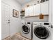 Clean laundry room with modern washer and dryer, white cabinetry, and decor shelving at 8619 Firefly Pl, Parrish, FL 34219