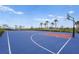 Full basketball court with blue and red painted surface and visible basketball hoops surrounded by palm trees under a blue sky at 15147 Sunny Day Dr, Bradenton, FL 34211