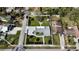 Aerial view of the property, showcasing its landscaped yard, patio, and neighborhood surroundings at 4218 S Lockwood Ridge Rd, Sarasota, FL 34231