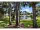 Scenic view of a community pond with a fountain, framed by lush trees and landscaping at 4655 46Th Street W Ct # 201, Bradenton, FL 34210