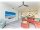 Bright living room featuring a sectional sofa, ceiling fan, and TV at 5591 Cannes Cir # 403, Sarasota, FL 34231