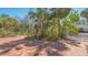 Circular brick driveway lined with lush tropical plants and charming white picket fence at 813 Plymouth St, Sarasota, FL 34242