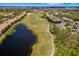 Breathtaking aerial view of a pristine golf course winding through lush landscaping and serene water features at 923 Fairwaycove Ln # 103, Bradenton, FL 34212