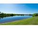Scenic view of a serene pond surrounded by lush green vegetation under a clear blue sky at 1819 Redmond Brook Ln, Ruskin, FL 33570