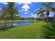 Expansive backyard featuring a tranquil pond, lush green grass, and picturesque palm trees under a bright, cloudy sky at 379 Fairway Isles Ln, Bradenton, FL 34212