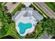 Aerial view of a community pool with unique design, surrounded by palm trees and manicured landscaping at 5242 Highbury Cir, Sarasota, FL 34238