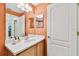 Colorful bathroom featuring warm-toned walls, a modern vanity, and an arched door to the shower at 803 Fairwaycove Ln # 106, Bradenton, FL 34212