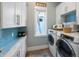 Well-equipped laundry room with modern washer and dryer, ample counter space, and stylish blue tile backsplash at 108 Magnolia Ave, Anna Maria, FL 34216