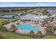 Aerial view of community featuring a sparkling pool, clubhouse, playground, and tennis courts at 17610 Polo Trl, Bradenton, FL 34211