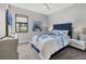 A stylish bedroom features a blue accent wall, plush carpeting, and a large window for natural light at 17814 Cresswind Ter, Bradenton, FL 34211