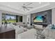 Spacious living room featuring a large sofa, and a view of the screened-in lanai and outdoor pool area at 17814 Cresswind Ter, Bradenton, FL 34211