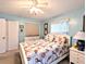 Light blue bedroom features neutral carpet, ceiling fan, and two windows for natural light at 2057 Sunset Dr # G1, Bradenton, FL 34207